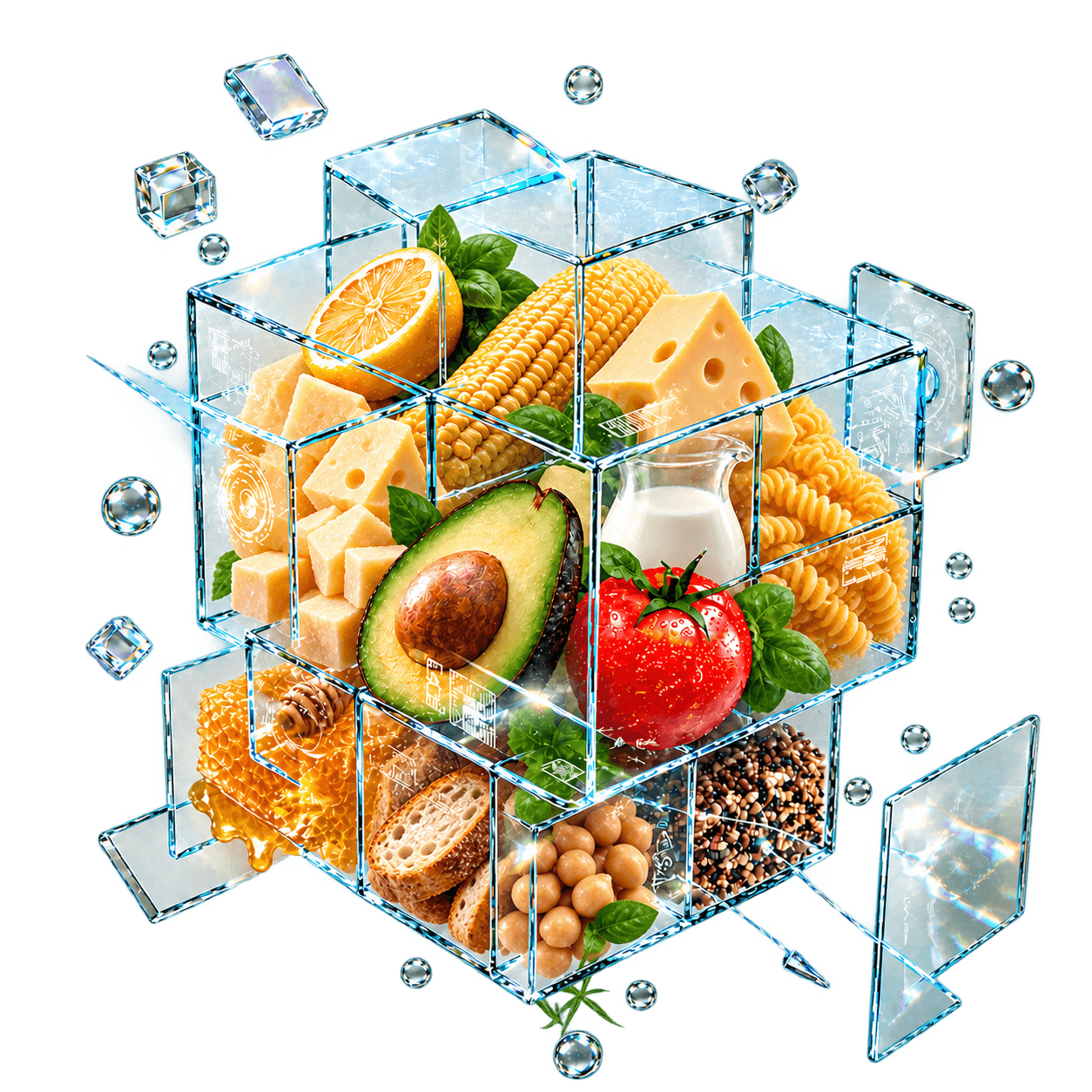 Cubo de vidrio con alimentos en cada celda (quesos, maíz, pasta, aguacate, tomate, leche, pan, garbanzos, quinua y miel), símbolo de la composición nutricional